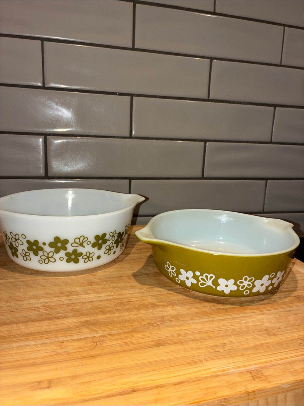 Pyrex Floral Casserole Dishes in White and Olive